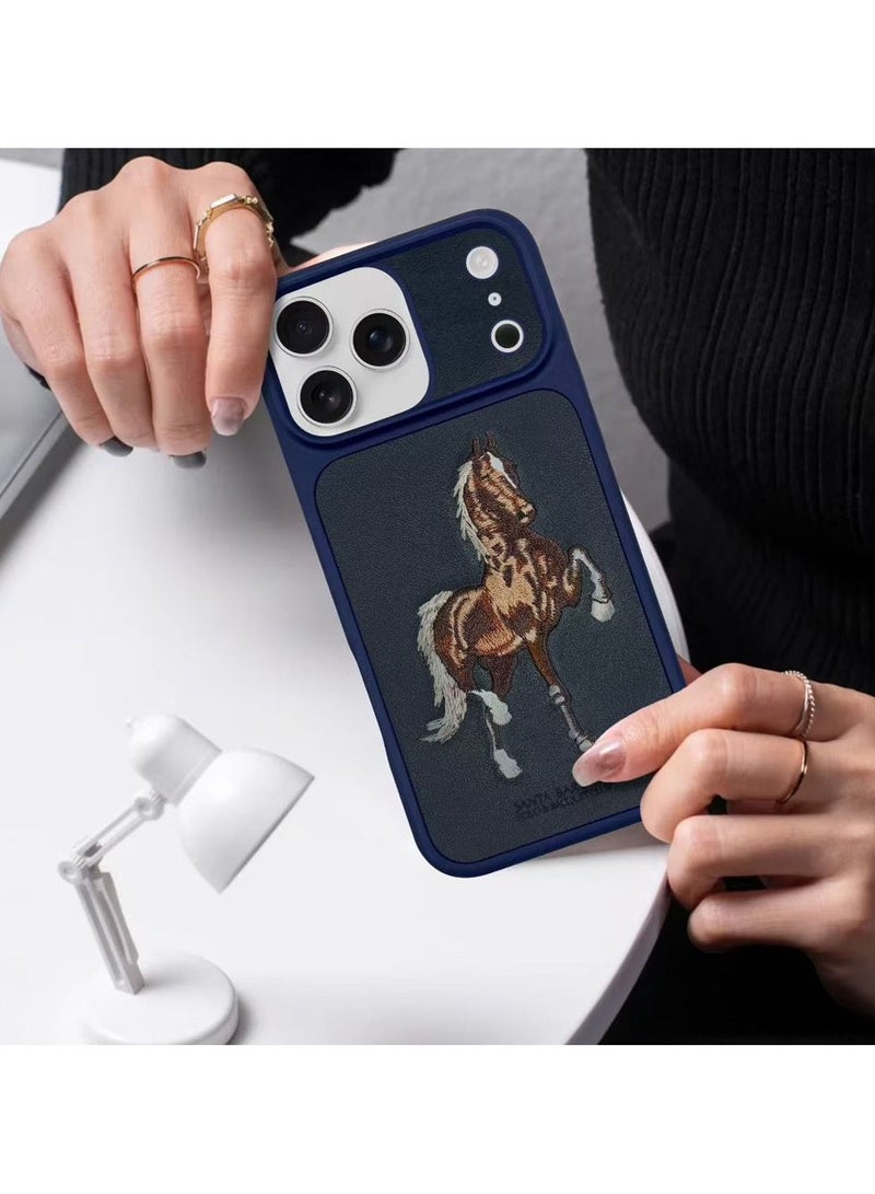 Boris Series Horse Embroidery Phone Case for iPhone 17 Pro Max – Shockproof, Premium Pleather  TPU, Anti-Slip Grip, Raised Edges for Screen  Camera Protection, Scratch-Resistant, Lightweight  Slim Design – Navy Blue - Image 2